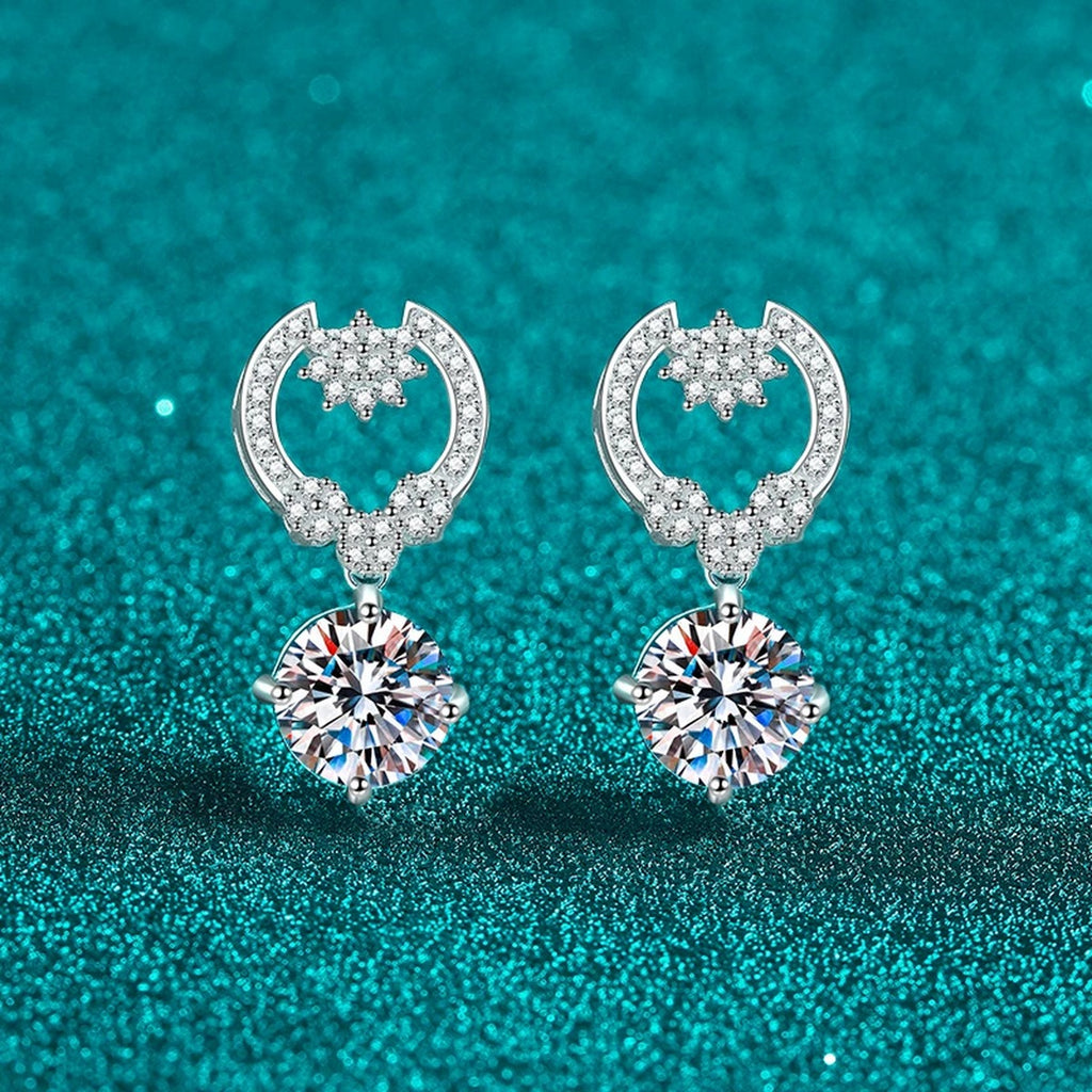 Heart Moissanite Stud Dangle Earrings with CZ in Rhodium-Plated S925 sterling silver product scene view showing angled setting detail