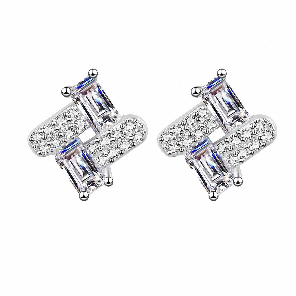 Emerald and Round Moissanite Stud Earrings in Rhodium-Plated S925 sterling silver white background product photo showing the pair, stone shape, and stud earrings silhouette