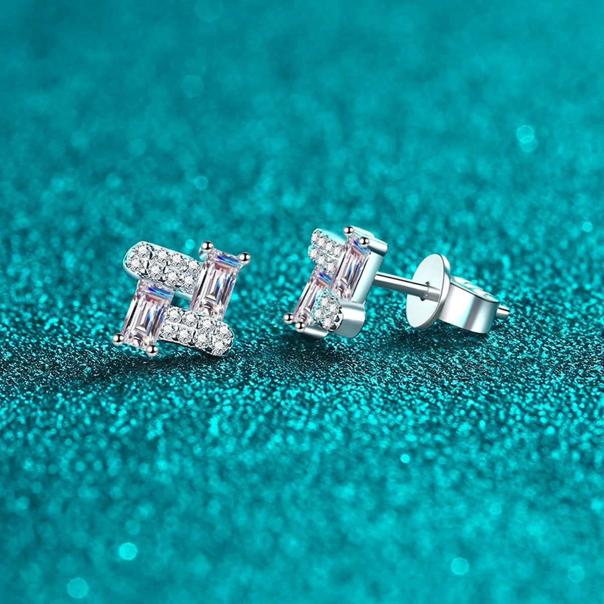 Emerald and Round Moissanite Stud Earrings in Rhodium-Plated S925 sterling silver product scene view showing front sparkle