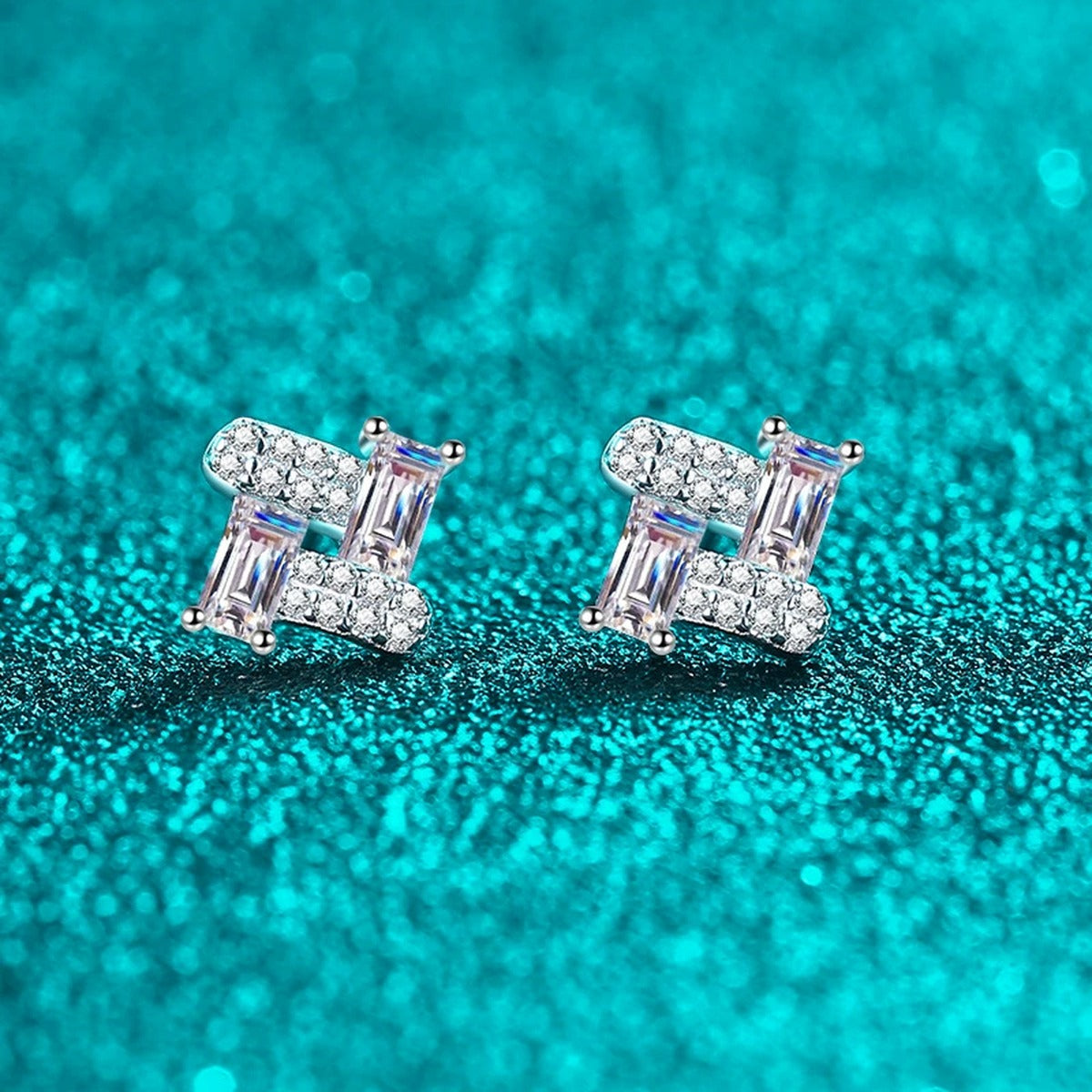 Emerald and Round Moissanite Stud Earrings in Rhodium-Plated S925 sterling silver product scene view showing side profile