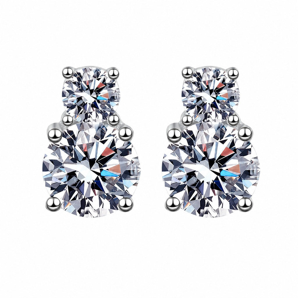Round Moissanite Stud Earrings in Rhodium-Plated S925 sterling silver white background product photo showing the pair, stone shape, and stud earrings silhouette