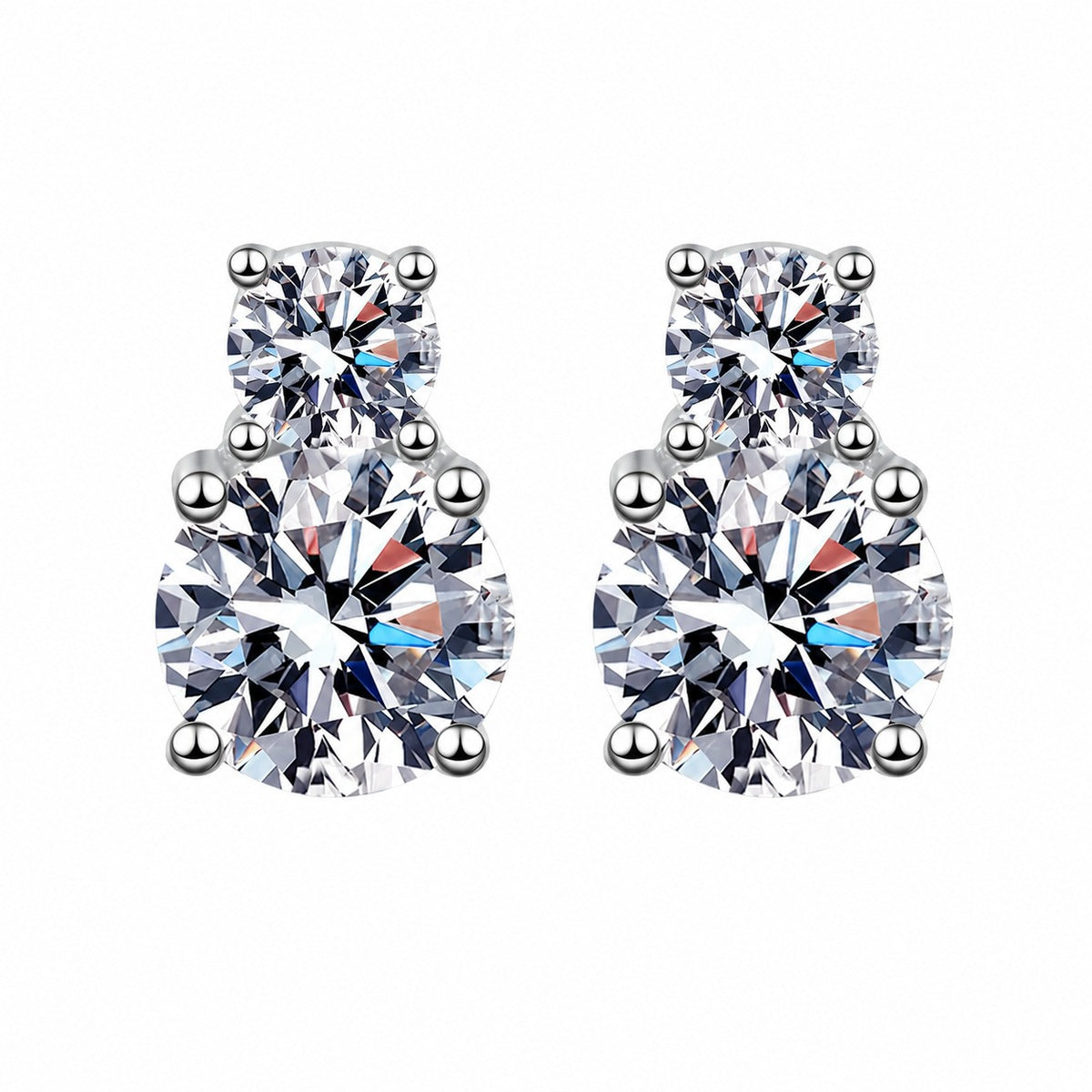 Round Moissanite Stud Earrings in Rhodium-Plated S925 sterling silver white background product photo showing the pair, stone shape, and stud earrings silhouette