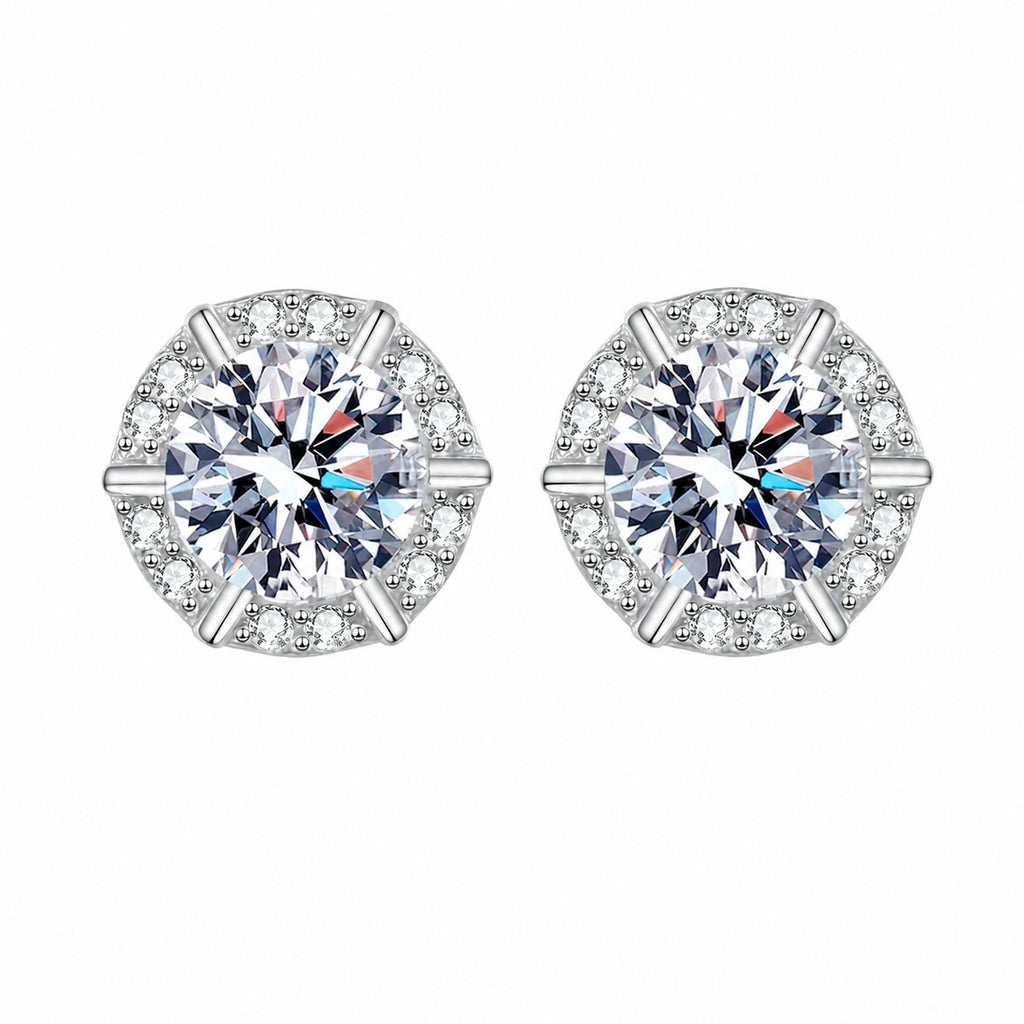 Round Halo Moissanite Stud Earrings with CZ in Rhodium-Plated S925 sterling silver white background product photo showing the pair, stone shape, and stud earrings silhouette