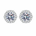 Round Halo Moissanite Stud Earrings with CZ in Rhodium-Plated S925 sterling silver white background product photo showing the pair, stone shape, and stud earrings silhouette