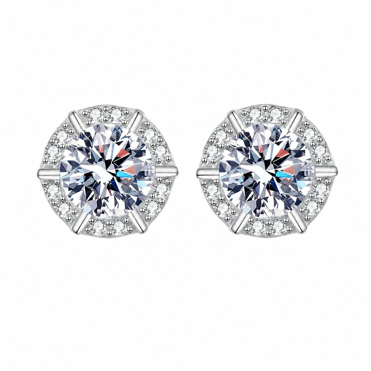 Round Halo Moissanite Stud Earrings with CZ in Rhodium-Plated S925 sterling silver white background product photo showing the pair, stone shape, and stud earrings silhouette