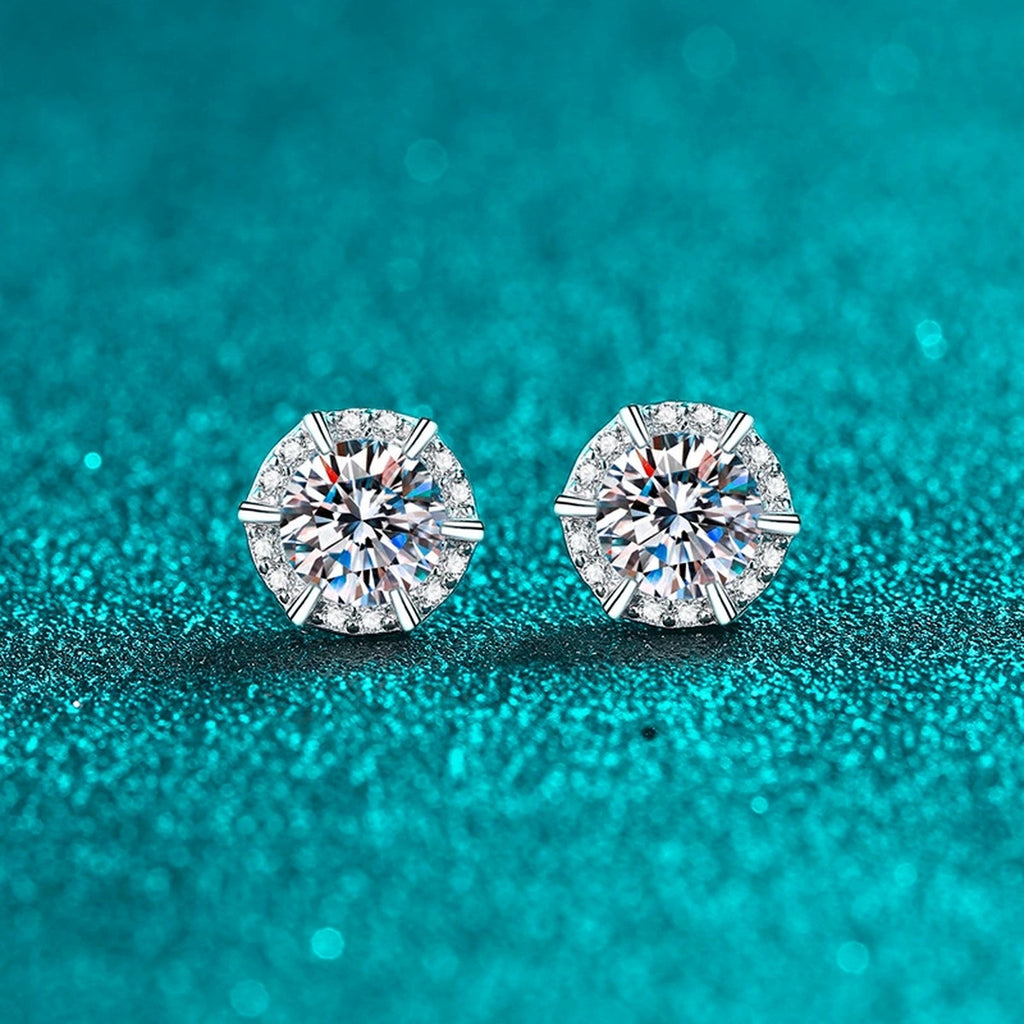 Round Halo Moissanite Stud Earrings with CZ in Rhodium-Plated S925 sterling silver product scene view showing front sparkle