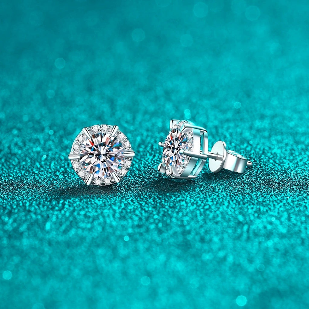 Round Halo Moissanite Stud Earrings with CZ in Rhodium-Plated S925 sterling silver product scene view showing angled setting detail