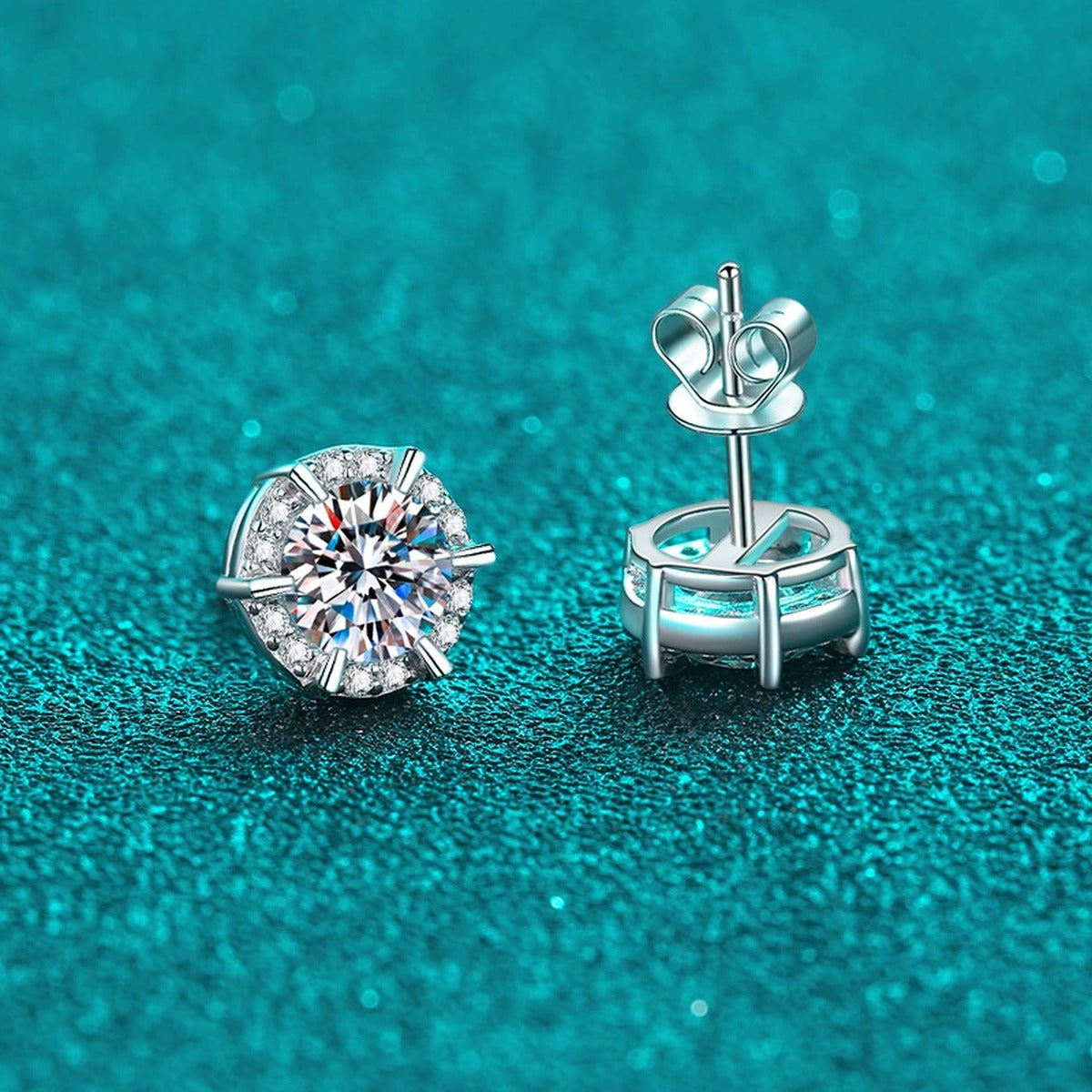 Round Halo Moissanite Stud Earrings with CZ in Rhodium-Plated S925 sterling silver product scene view showing side profile