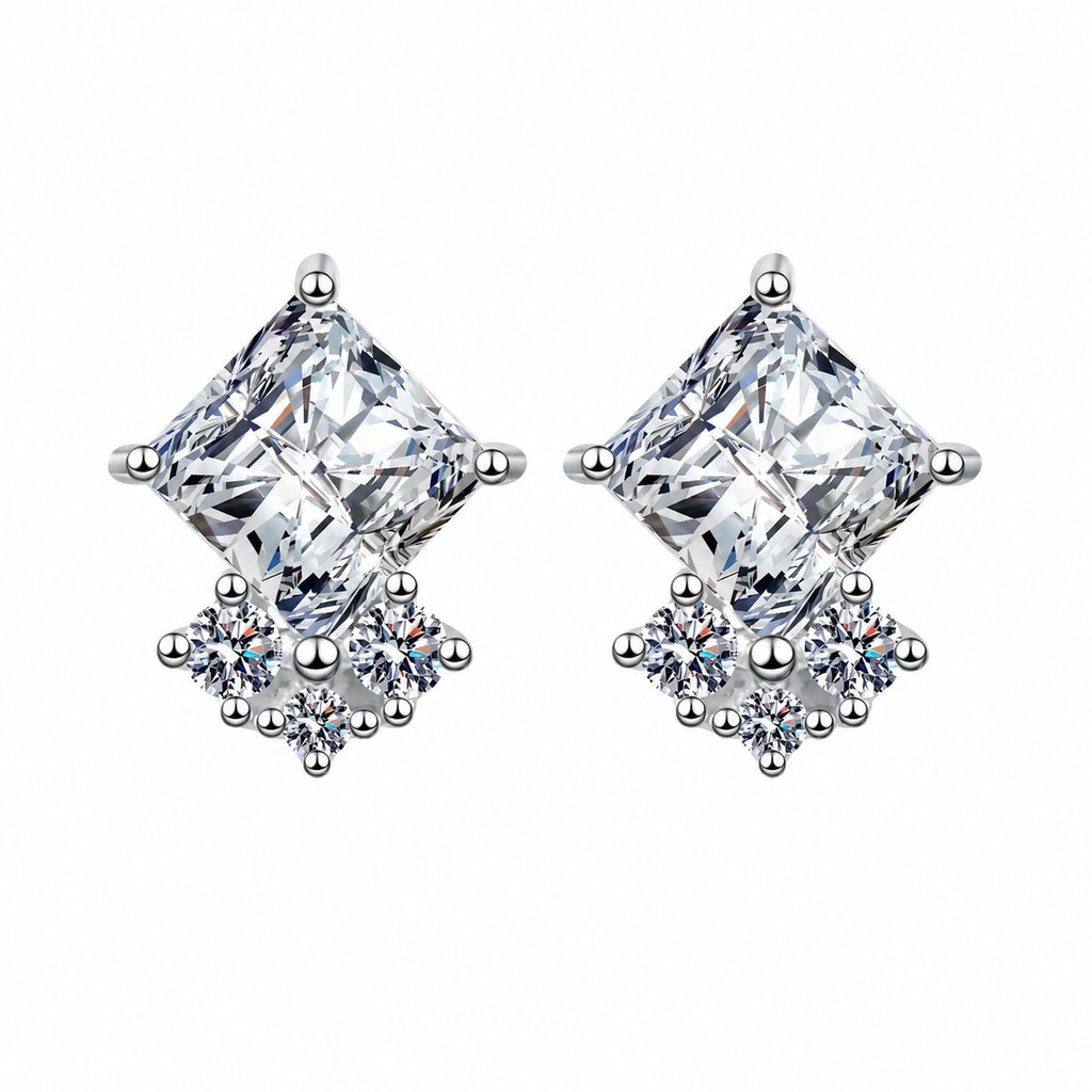 Princess Cut Moissanite Stud Earrings with CZ in Rhodium-Plated S925 sterling silver white background product photo showing the pair, stone shape, and stud earrings silhouette