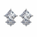 Princess Cut Moissanite Stud Earrings with CZ in Rhodium-Plated S925 sterling silver white background product photo showing the pair, stone shape, and stud earrings silhouette