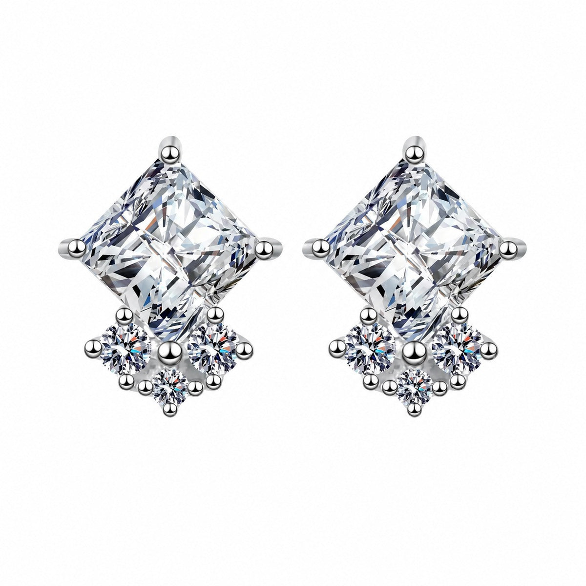 Princess Cut Moissanite Stud Earrings with CZ in Rhodium-Plated S925 sterling silver white background product photo showing the pair, stone shape, and stud earrings silhouette
