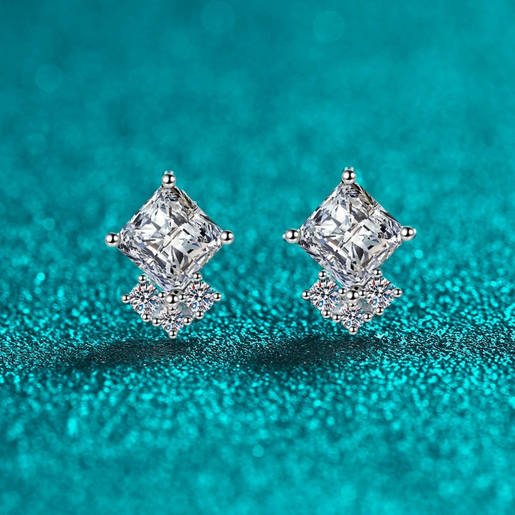 Princess Cut Moissanite Stud Earrings with CZ in Rhodium-Plated S925 sterling silver product scene view showing front sparkle