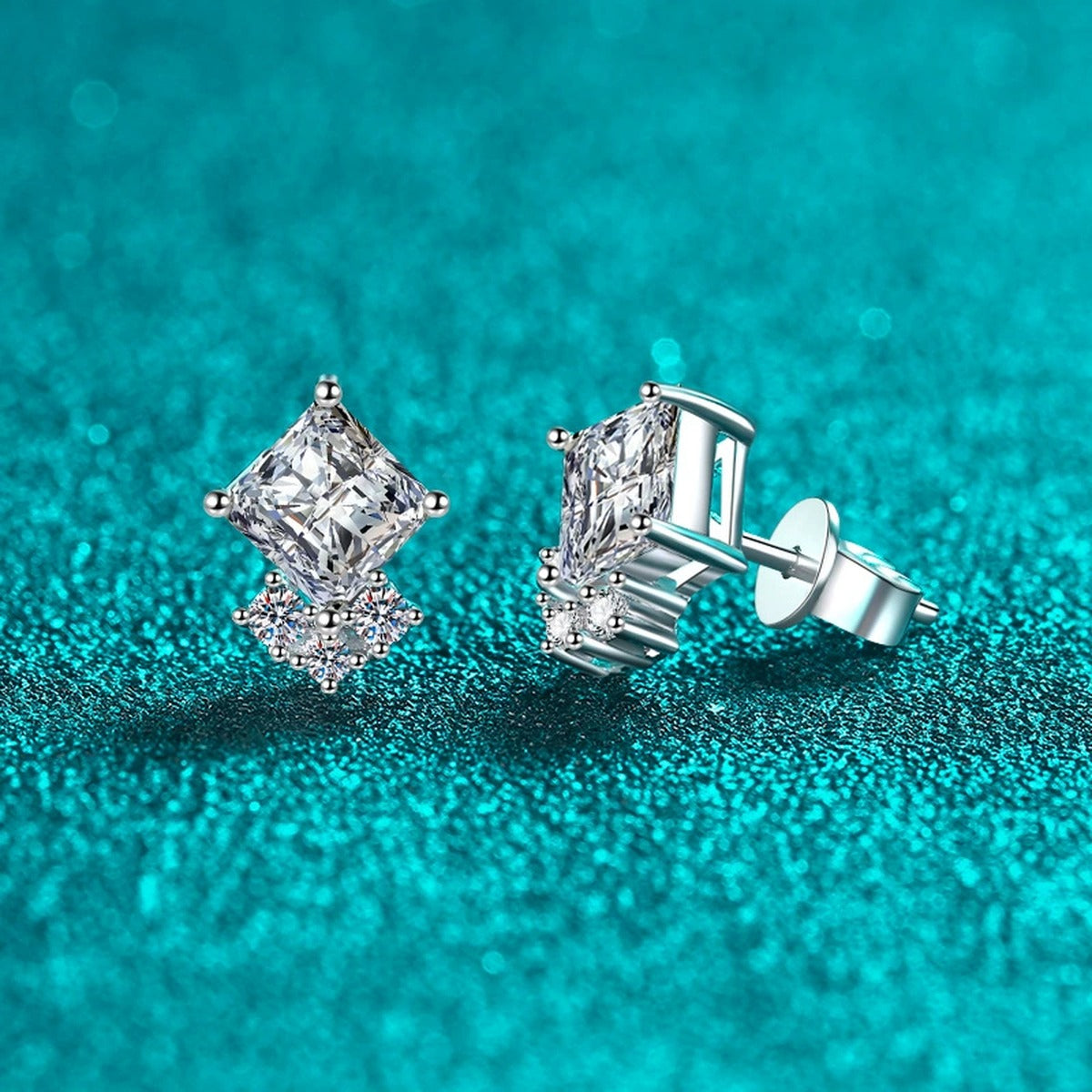 Princess Cut Moissanite Stud Earrings with CZ in Rhodium-Plated S925 sterling silver product scene view showing angled setting detail