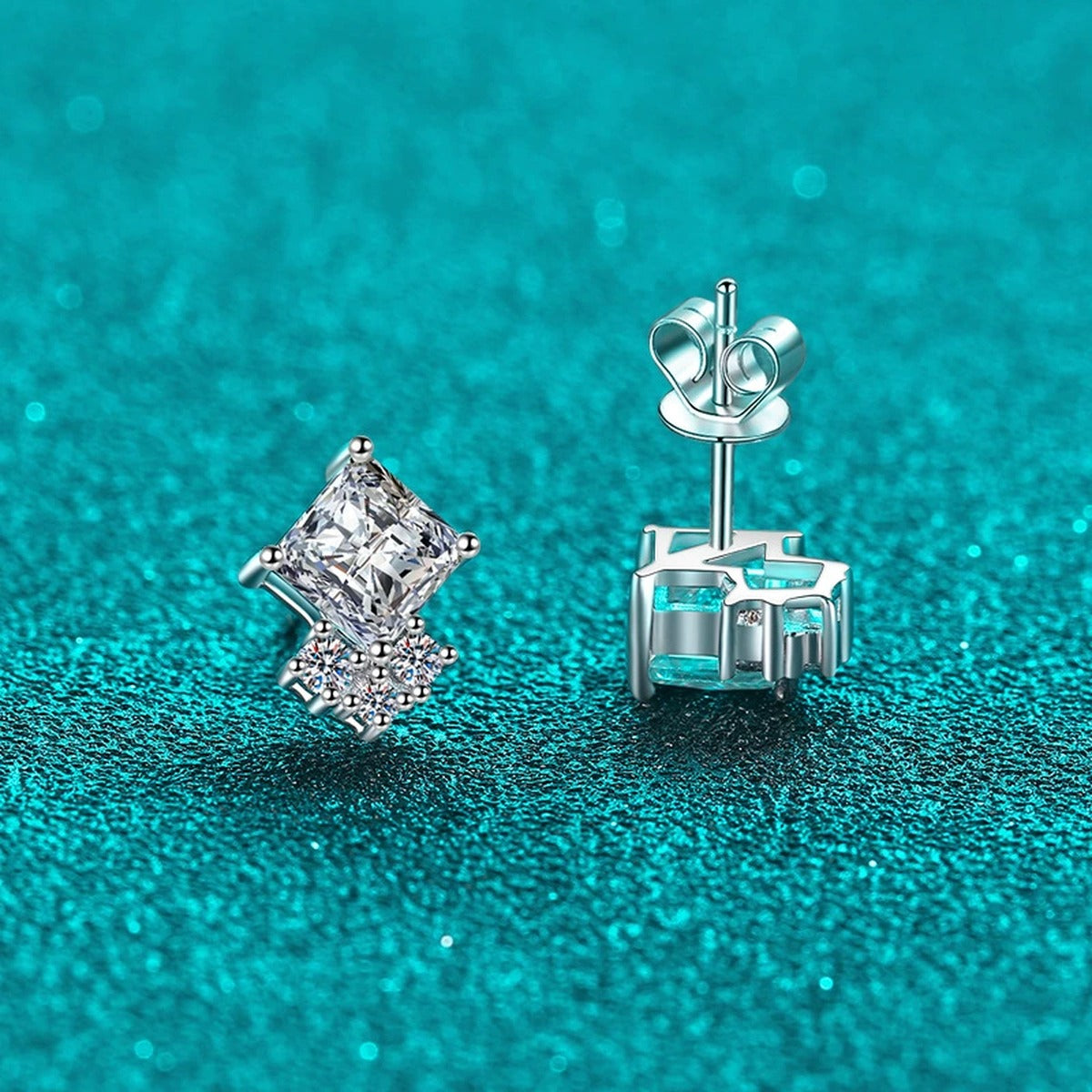 Princess Cut Moissanite Stud Earrings with CZ in Rhodium-Plated S925 sterling silver product scene view showing side profile