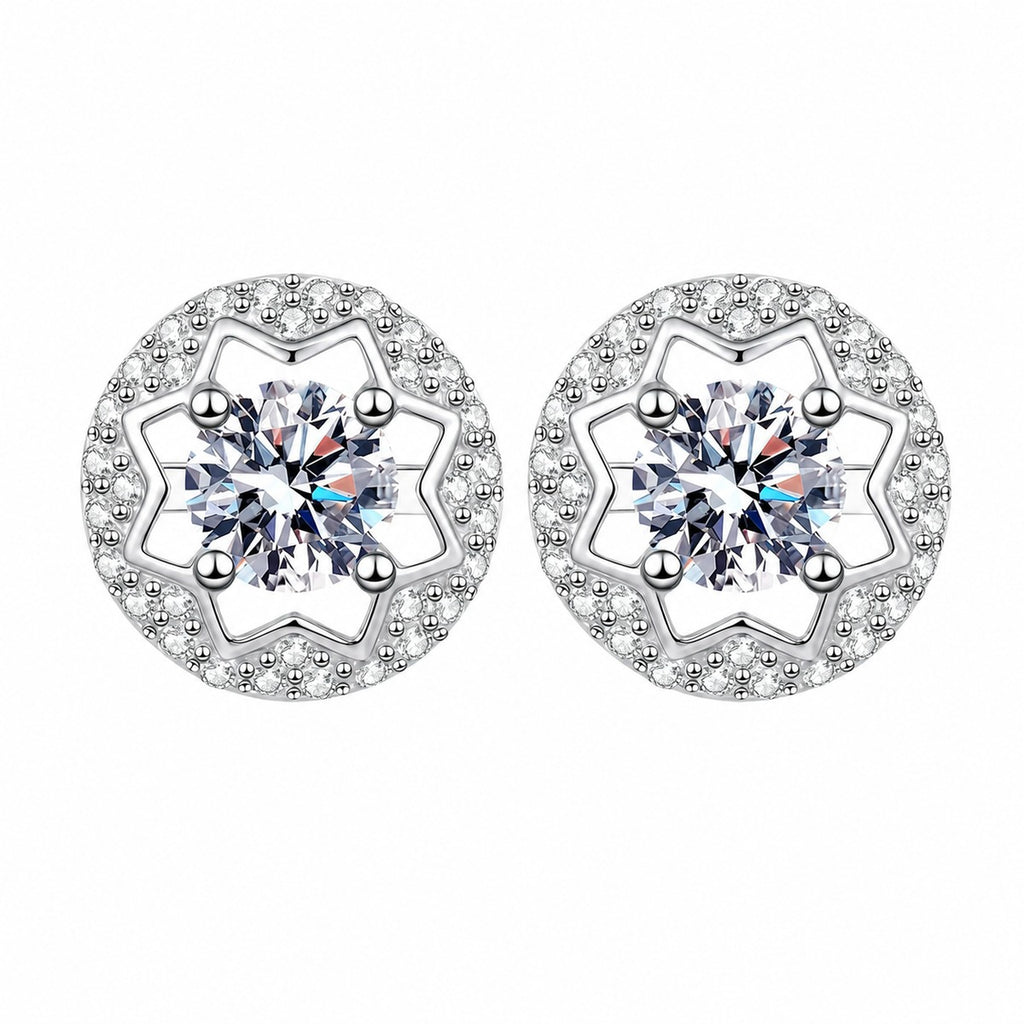 Round Halo Moissanite Stud Earrings with CZ in Rhodium-Plated S925 sterling silver white background product photo showing the pair, stone shape, and stud earrings silhouette
