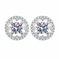 Round Halo Moissanite Stud Earrings with CZ in Rhodium-Plated S925 sterling silver white background product photo showing the pair, stone shape, and stud earrings silhouette