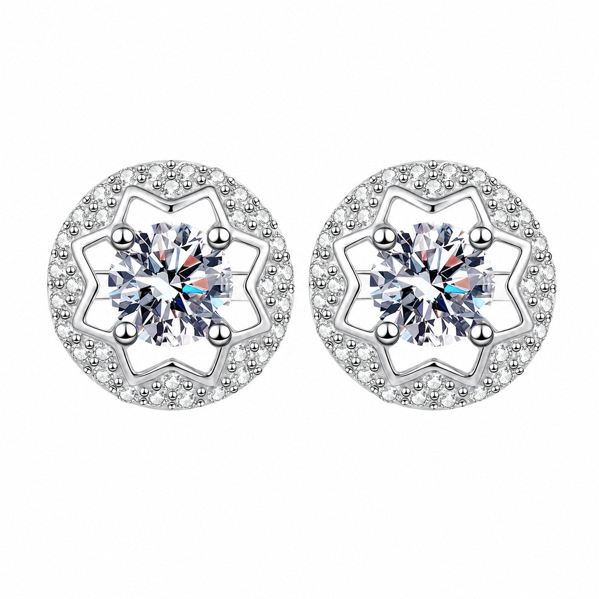 Round Halo Moissanite Stud Earrings with CZ in Rhodium-Plated S925 sterling silver white background product photo showing the pair, stone shape, and stud earrings silhouette