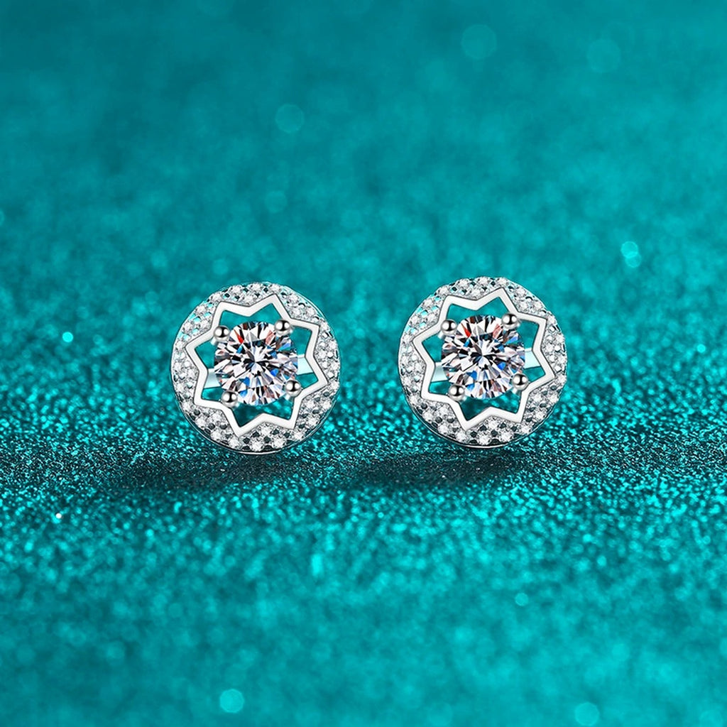 Round Halo Moissanite Stud Earrings with CZ in Rhodium-Plated S925 sterling silver product scene view showing front sparkle