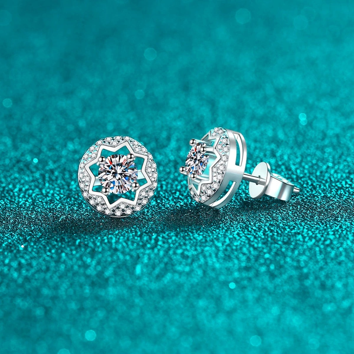 Round Halo Moissanite Stud Earrings with CZ in Rhodium-Plated S925 sterling silver product scene view showing angled setting detail