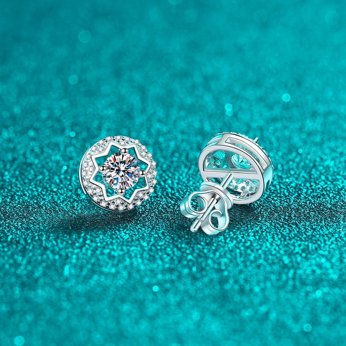 Round Halo Moissanite Stud Earrings with CZ in Rhodium-Plated S925 sterling silver product scene view showing side profile