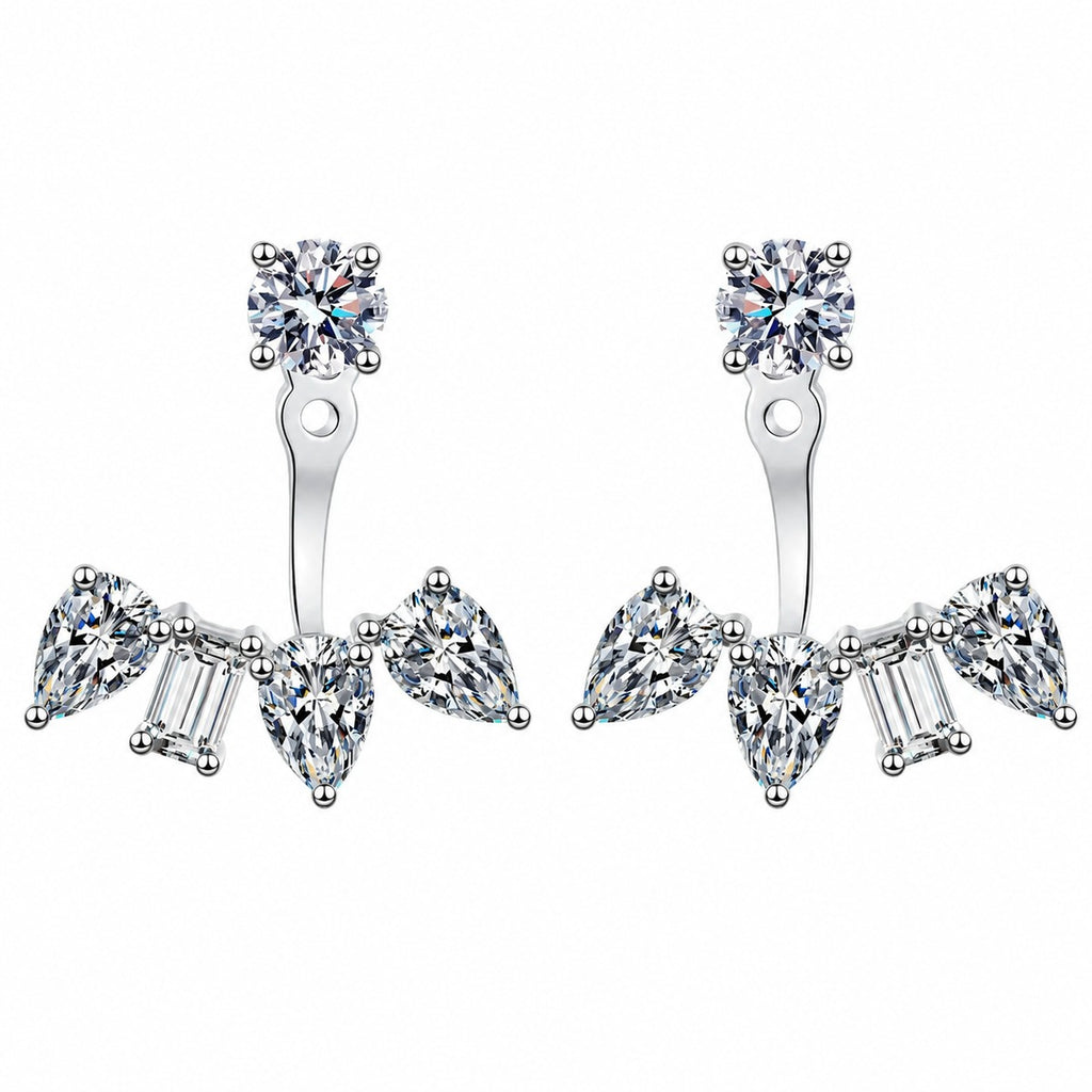 Mixed Cut Moissanite Jacket Stud Earrings in Rhodium-Plated S925 sterling silver white background product photo showing the pair, stone shape, and jacket stud earrings silhouette