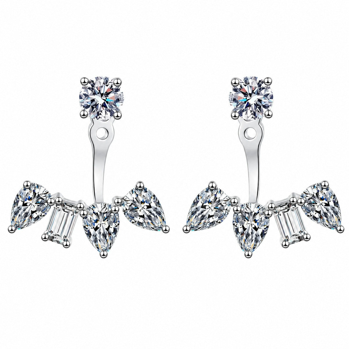 Mixed Cut Moissanite Jacket Stud Earrings in Rhodium-Plated S925 sterling silver white background product photo showing the pair, stone shape, and jacket stud earrings silhouette