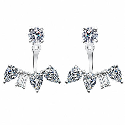 Mixed Cut Moissanite Jacket Stud Earrings in Rhodium-Plated S925 sterling silver white background product photo showing the pair, stone shape, and jacket stud earrings silhouette