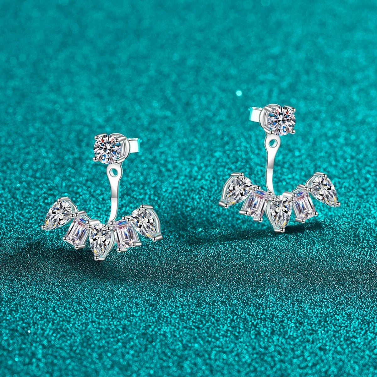 Mixed Cut Moissanite Jacket Stud Earrings in Rhodium-Plated S925 sterling silver product scene view showing front sparkle