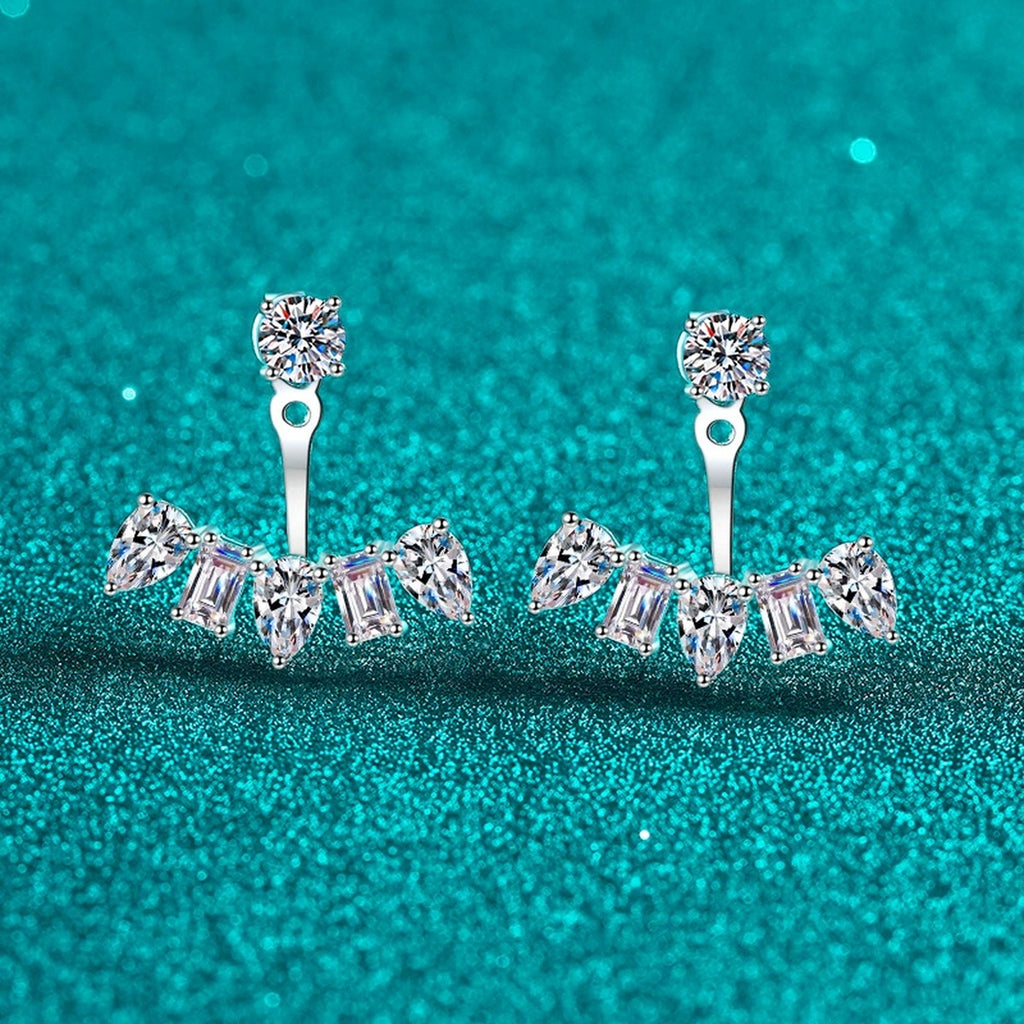 Mixed Cut Moissanite Jacket Stud Earrings in Rhodium-Plated S925 sterling silver product scene view showing angled setting detail