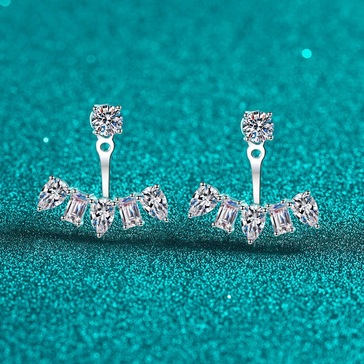Mixed Cut Moissanite Jacket Stud Earrings in Rhodium-Plated S925 sterling silver product scene view showing angled setting detail
