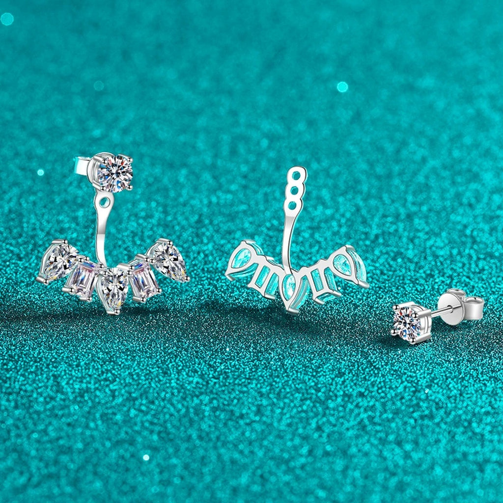 Mixed Cut Moissanite Jacket Stud Earrings in Rhodium-Plated S925 sterling silver product scene view showing side profile