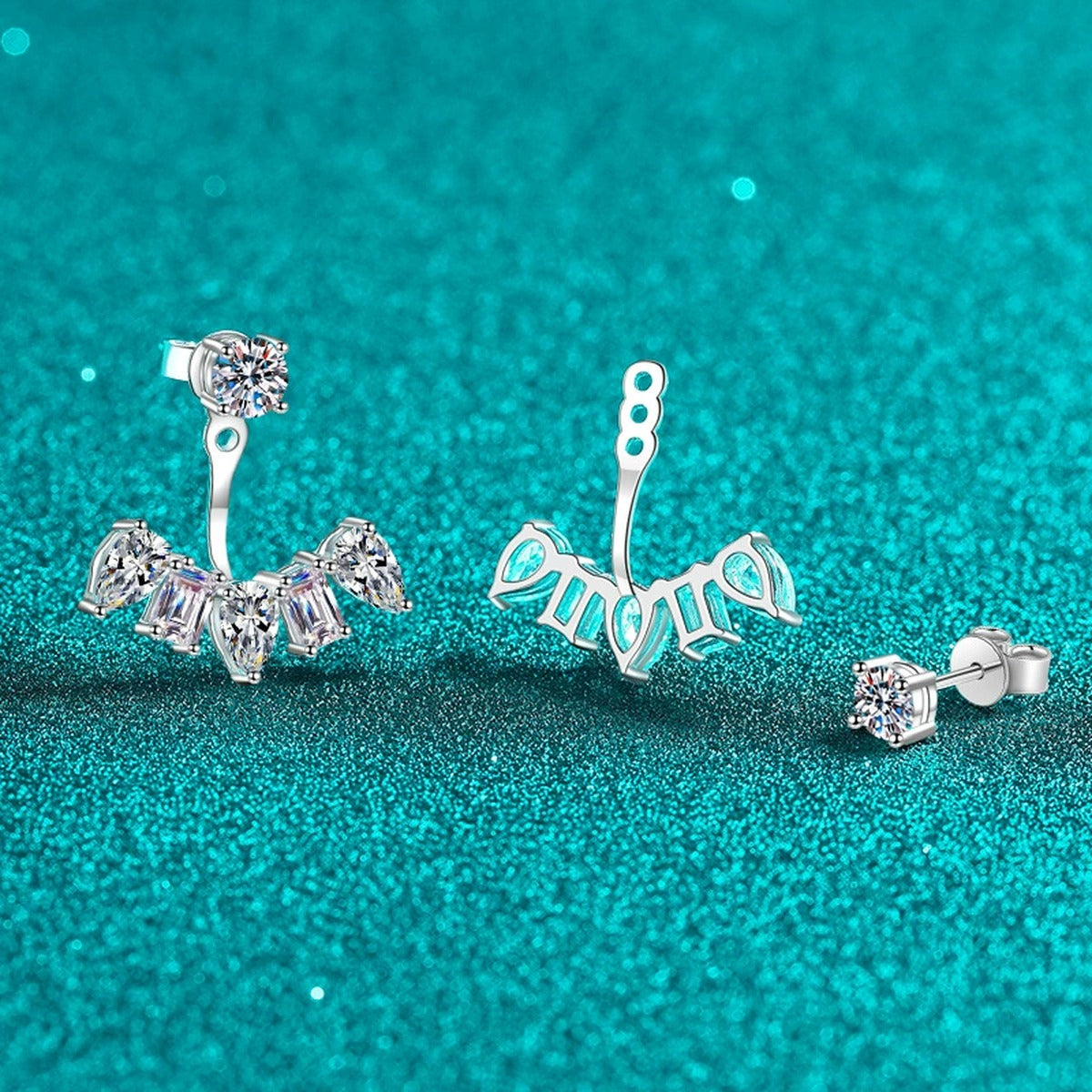 Mixed Cut Moissanite Jacket Stud Earrings in Rhodium-Plated S925 sterling silver product scene view showing side profile