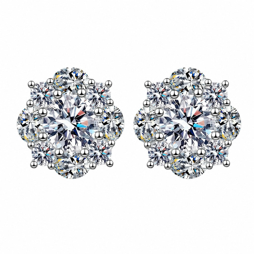 Floral Halo Moissanite Stud Earrings with CZ in Rhodium-Plated S925 sterling silver white background product photo showing the pair, stone shape, and stud earrings silhouette