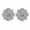 Floral Halo Moissanite Stud Earrings with CZ in Rhodium-Plated S925 sterling silver white background product photo showing the pair, stone shape, and stud earrings silhouette