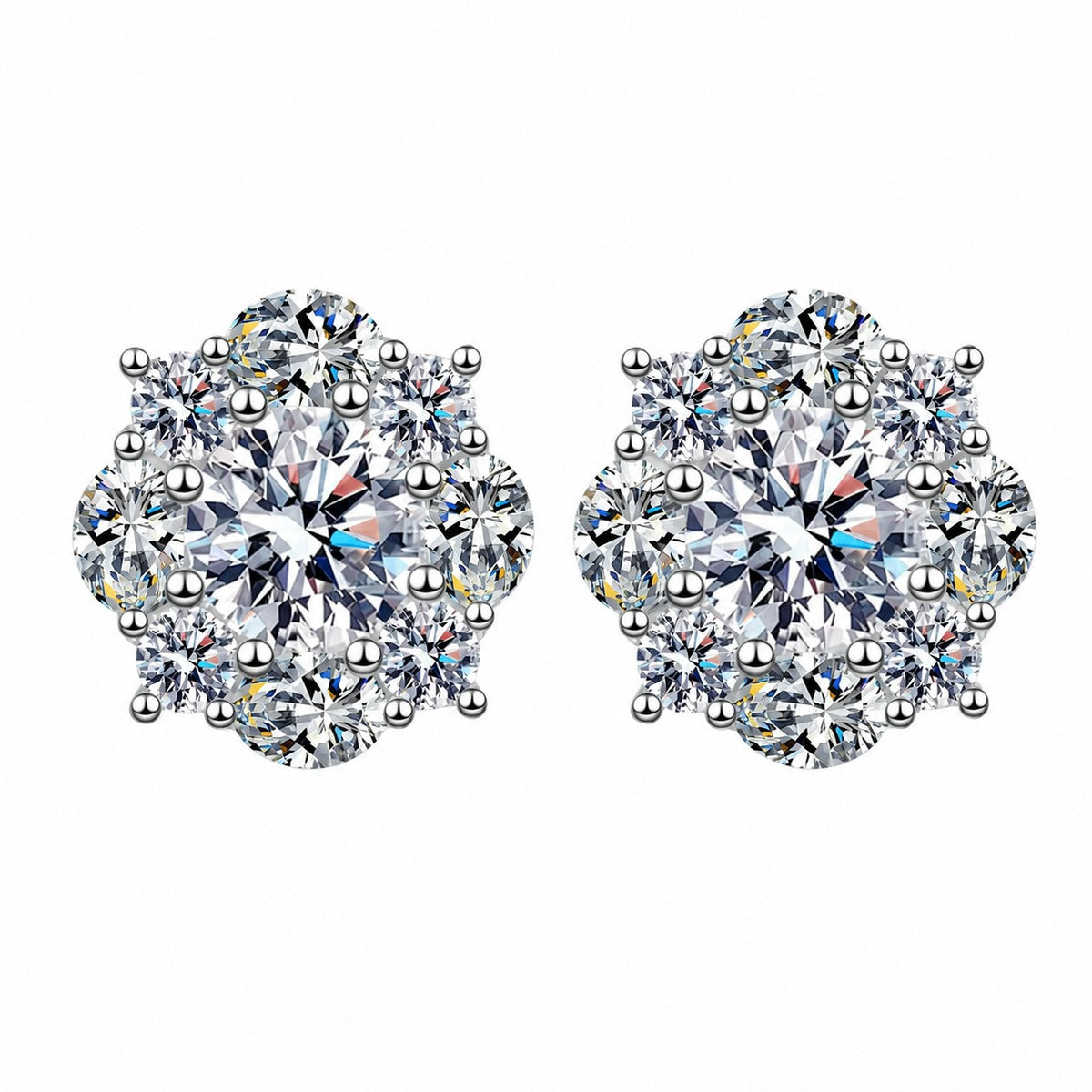 Floral Halo Moissanite Stud Earrings with CZ in Rhodium-Plated S925 sterling silver white background product photo showing the pair, stone shape, and stud earrings silhouette