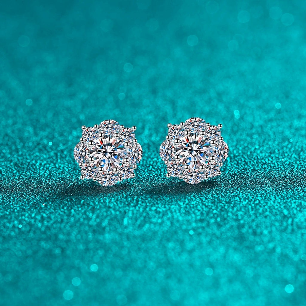 Floral Halo Moissanite Stud Earrings with CZ in Rhodium-Plated S925 sterling silver product scene view showing front sparkle