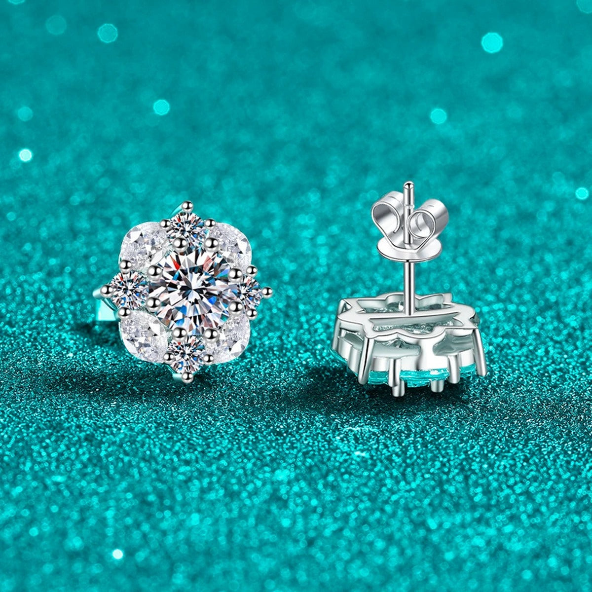 Floral Halo Moissanite Stud Earrings with CZ in Rhodium-Plated S925 sterling silver product scene view showing angled setting detail