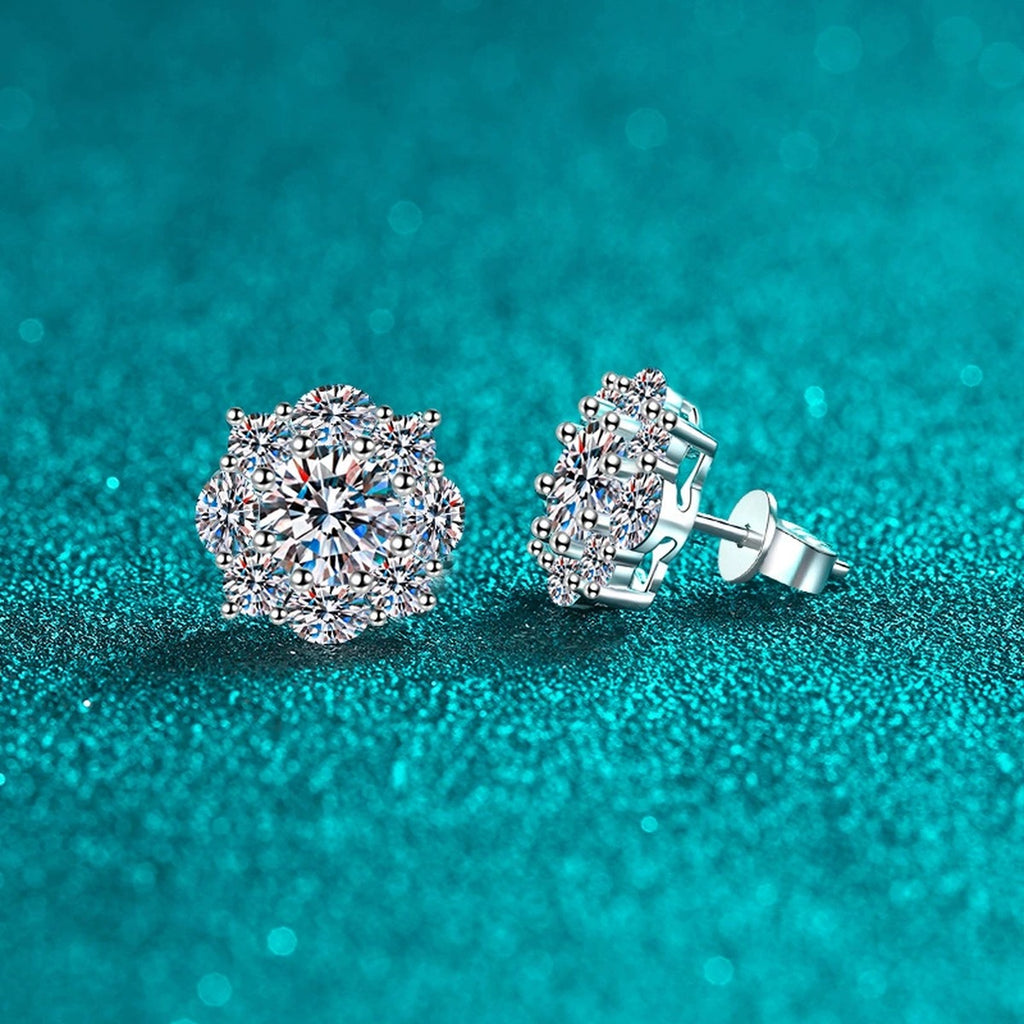 Floral Halo Moissanite Stud Earrings with CZ in Rhodium-Plated S925 sterling silver product scene view showing side profile