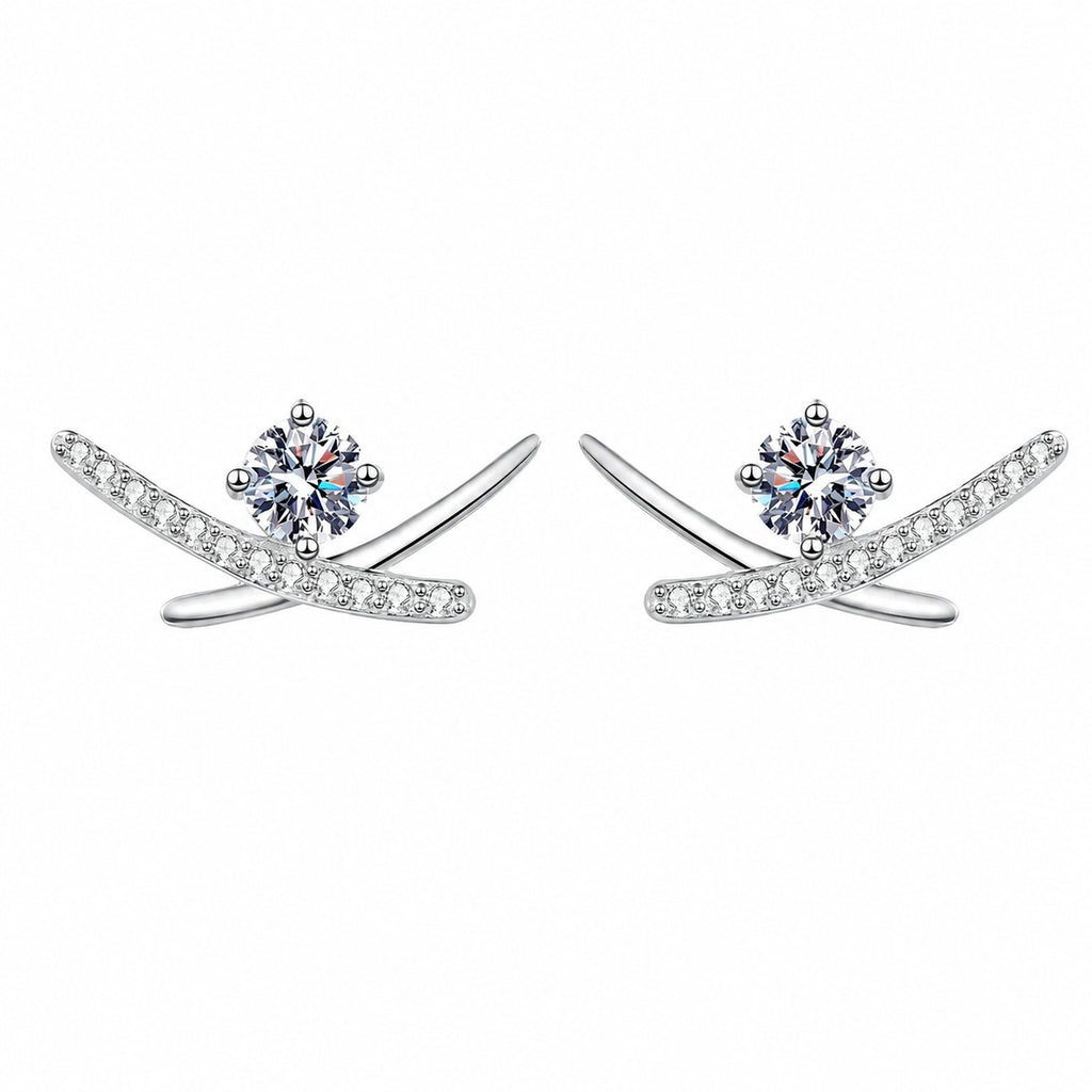 Round Moissanite Ear Climber Stud Earrings with CZ in Rhodium-Plated S925 sterling silver white background product photo showing the pair, stone shape, and stud earrings silhouette