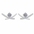 Round Moissanite Ear Climber Stud Earrings with CZ in Rhodium-Plated S925 sterling silver white background product photo showing the pair, stone shape, and stud earrings silhouette