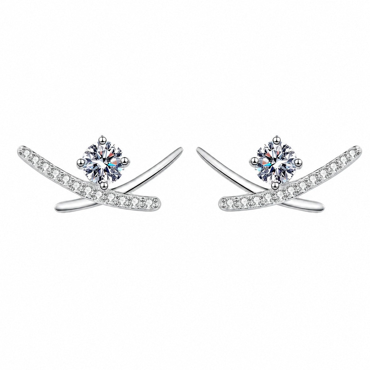 Round Moissanite Ear Climber Stud Earrings with CZ in Rhodium-Plated S925 sterling silver white background product photo showing the pair, stone shape, and stud earrings silhouette