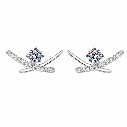 Round Moissanite Ear Climber Stud Earrings with CZ in Rhodium-Plated S925 sterling silver white background product photo showing the pair, stone shape, and stud earrings silhouette