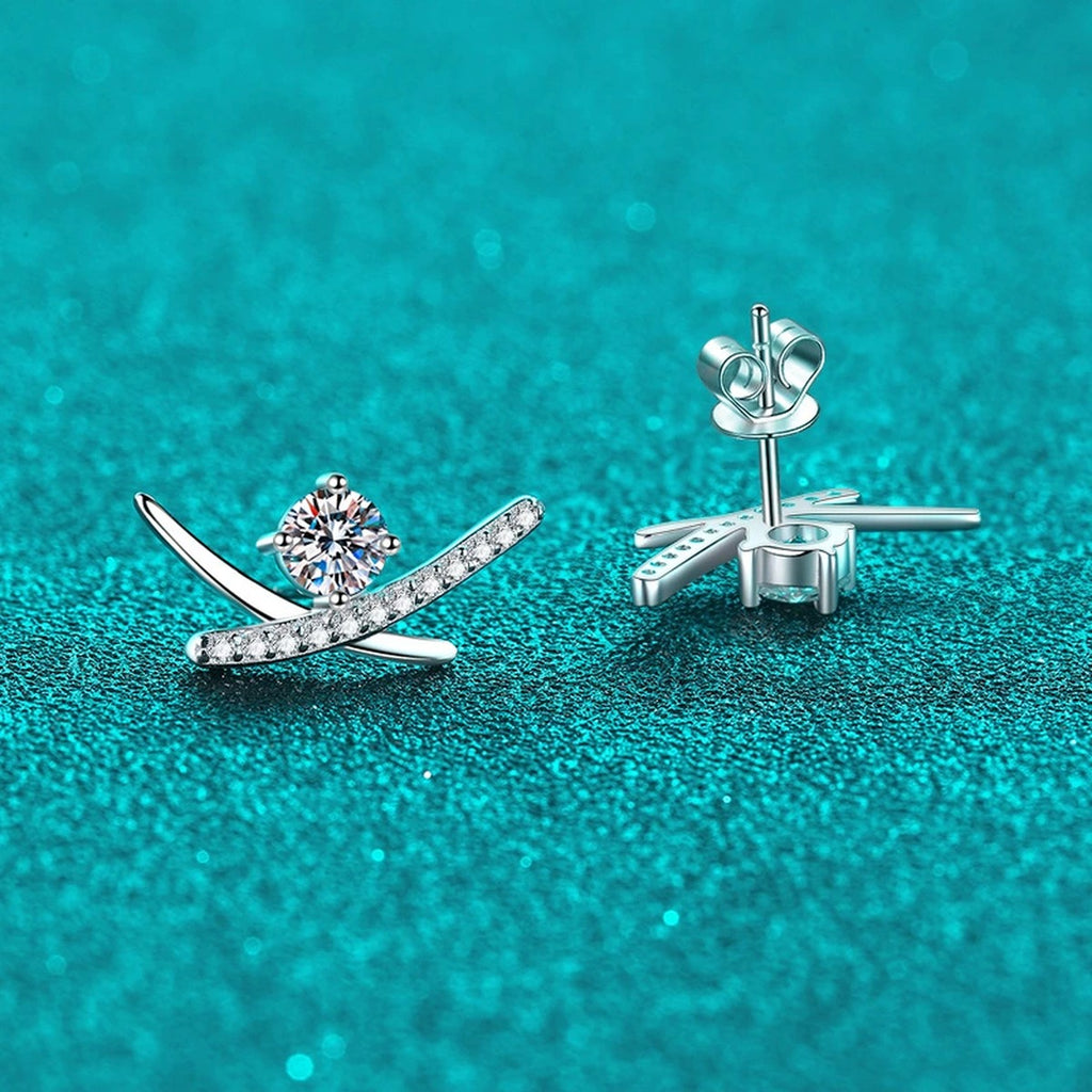 Round Moissanite Ear Climber Stud Earrings with CZ in Rhodium-Plated S925 sterling silver product scene view showing front sparkle
