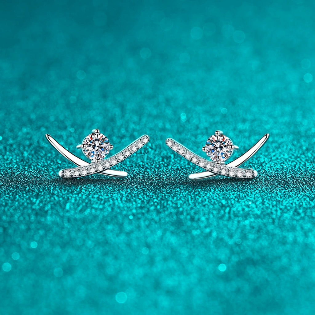 Round Moissanite Ear Climber Stud Earrings with CZ in Rhodium-Plated S925 sterling silver product scene view showing angled setting detail