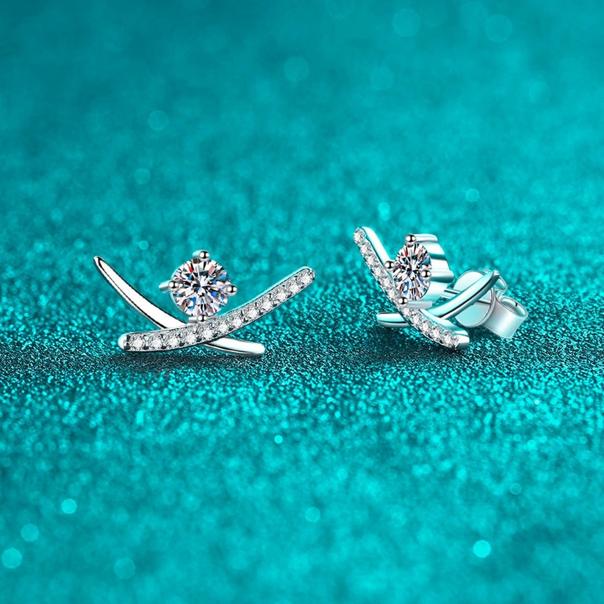 Round Moissanite Ear Climber Stud Earrings with CZ in Rhodium-Plated S925 sterling silver product scene view showing side profile