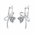 Heart Moissanite Bow Hoop Drop Earrings in Rhodium-Plated S925 sterling silver white background product photo showing the pair, stone shape, and hoop drop earrings silhouette