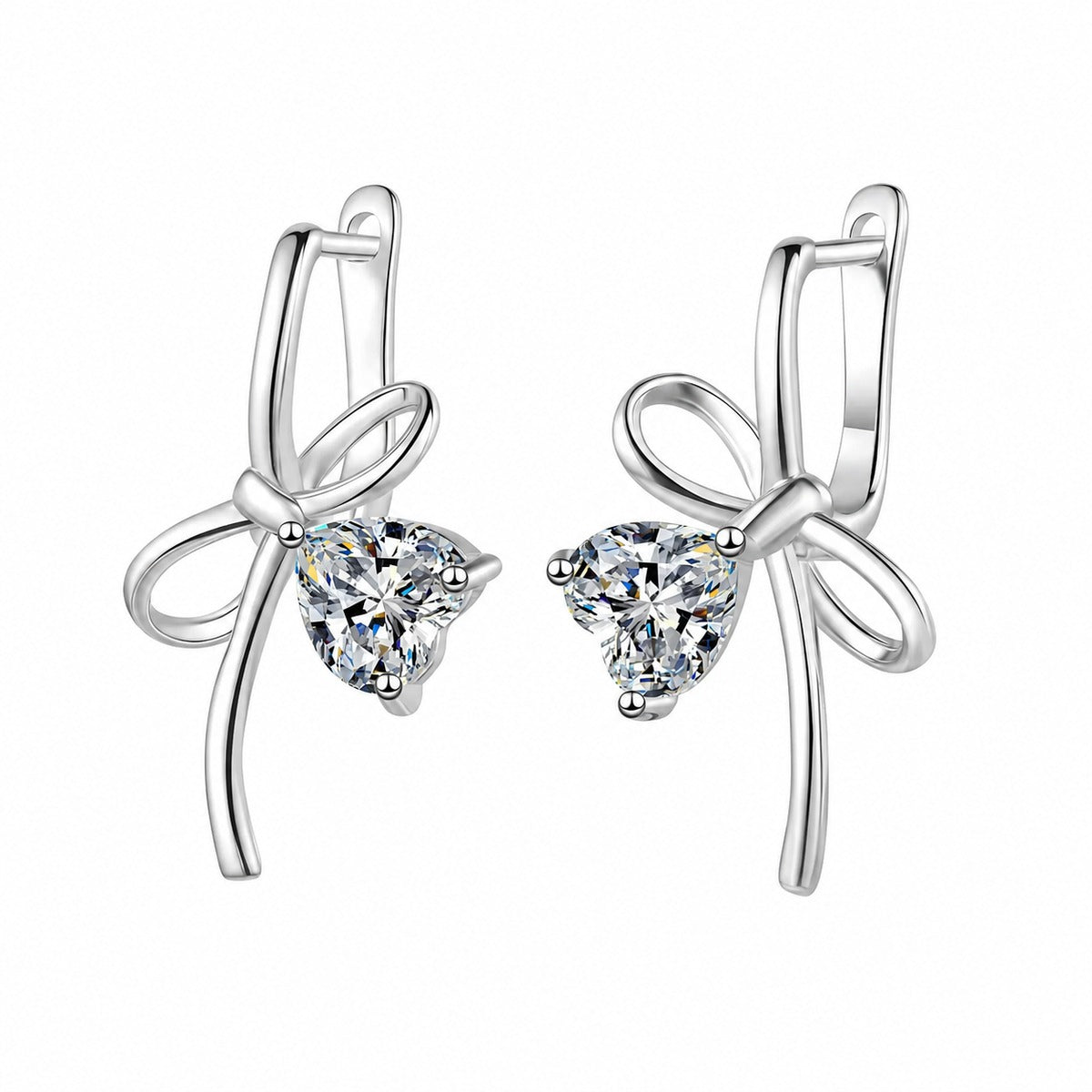 Heart Moissanite Bow Hoop Drop Earrings in Rhodium-Plated S925 sterling silver white background product photo showing the pair, stone shape, and hoop drop earrings silhouette