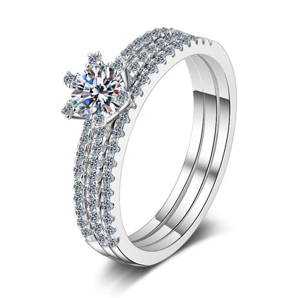 Round Moissanite Stackable Ring Set with CZ in rhodium-plated S925 sterling silver on clean white background