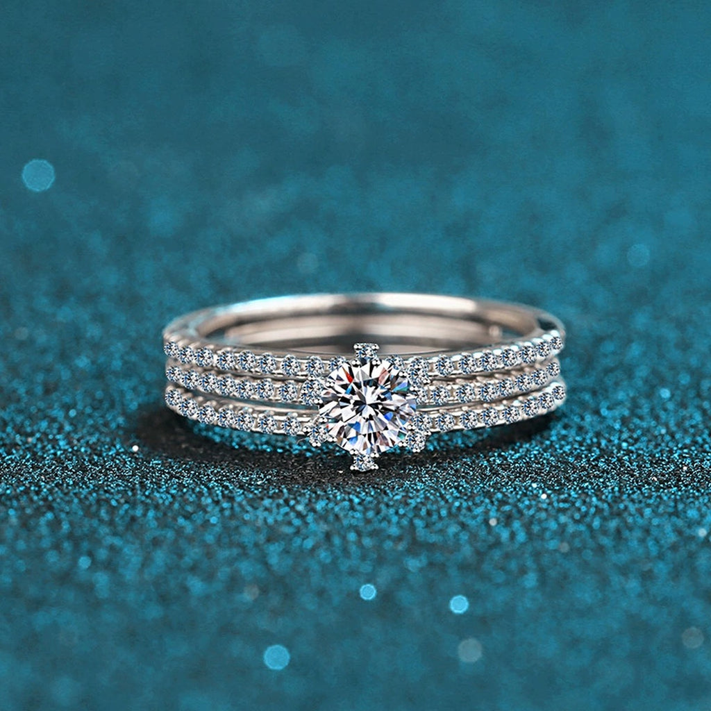 Round Moissanite Stackable Ring Set with CZ product view showing moissanite setting and metal finish