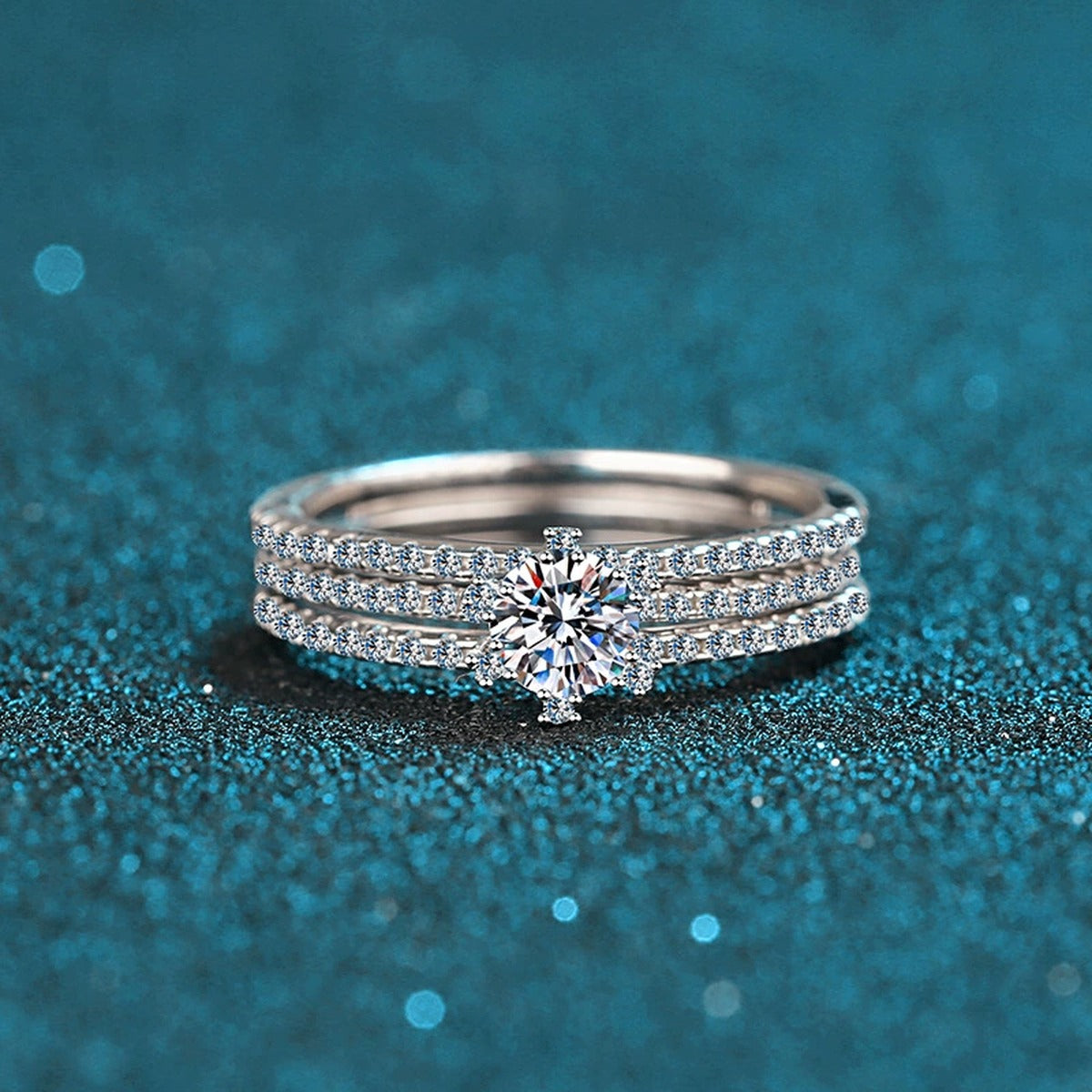 Round Moissanite Stackable Ring Set with CZ product view showing moissanite setting and metal finish